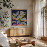 Plant Lady II by Haley Knighten. Shown in a natural wood frame in a cozy modern living room. Available as an archival giclee rolled canvas, fine art paper, or poster print. SKU 93304a.
