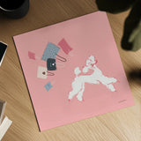 Poodle Shopping Spree by Haley Knighten. Shown as a detailed flat fine art print, highlighting archival giclee quality. Available as an archival giclee rolled canvas, fine art paper, or poster print. SKU 93969a.