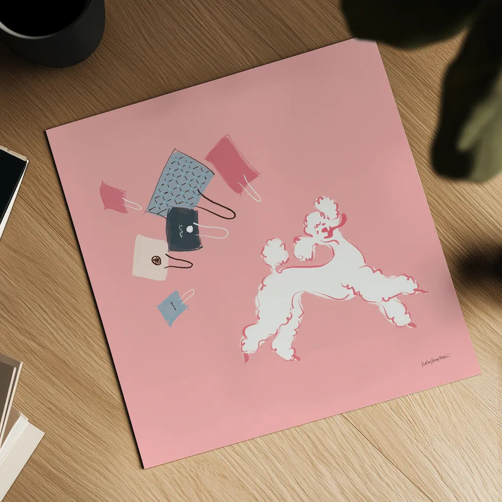 Poodle Shopping Spree by Haley Knighten. Shown as a detailed flat fine art print, highlighting archival giclee quality. Available as an archival giclee rolled canvas, fine art paper, or poster print. SKU 93969a.