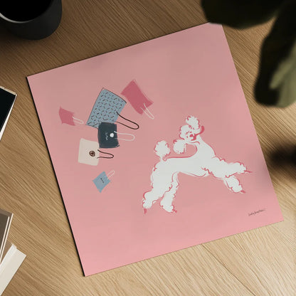 Poodle Shopping Spree by Haley Knighten. Shown as a detailed flat fine art print, highlighting archival giclee quality. Available as an archival giclee rolled canvas, fine art paper, or poster print. SKU 93969a.