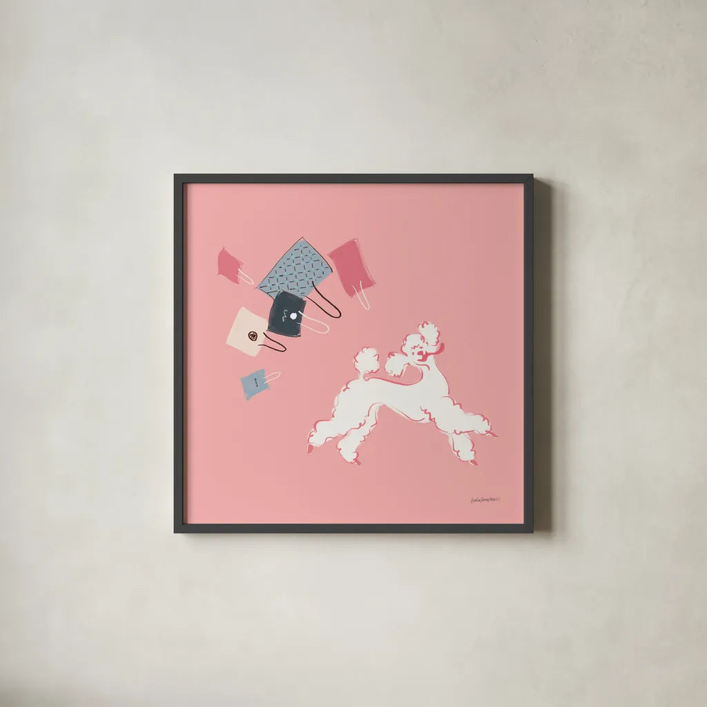 Poodle Shopping Spree by Haley Knighten. Shown in a sleek black glass frame for a contemporary gallery look. Available as an archival giclee rolled canvas, fine art paper, or poster print. SKU 93969a.