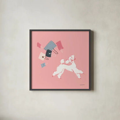 Poodle Shopping Spree by Haley Knighten. Shown in a sleek black glass frame for a contemporary gallery look. Available as an archival giclee rolled canvas, fine art paper, or poster print. SKU 93969a.