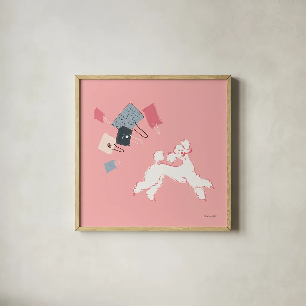 Poodle Shopping Spree by Haley Knighten. Shown in a natural wood glass frame for a timeless modern aesthetic. Available as an archival giclee rolled canvas, fine art paper, or poster print. SKU 93969a.