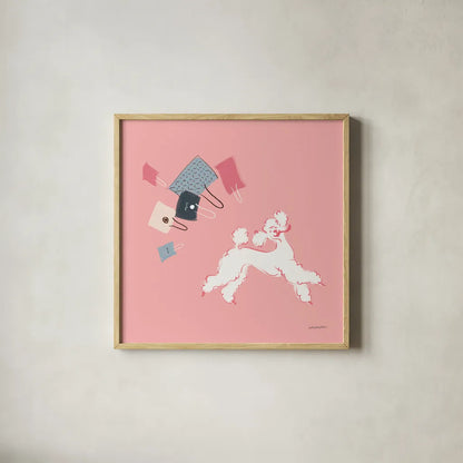 Poodle Shopping Spree by Haley Knighten. Shown in a natural wood glass frame for a timeless modern aesthetic. Available as an archival giclee rolled canvas, fine art paper, or poster print. SKU 93969a.