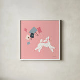 Poodle Shopping Spree by Haley Knighten. Shown in a crisp white glass frame for a clean and minimalist style. Available as an archival giclee rolled canvas, fine art paper, or poster print. SKU 93969a.