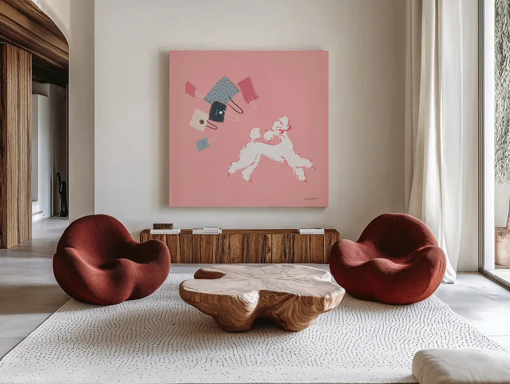 Poodle Shopping Spree by Haley Knighten. Shown as extra-large giant wall art in a modern living room. Available as an archival giclee rolled canvas, fine art paper, or poster print. SKU 93969a.