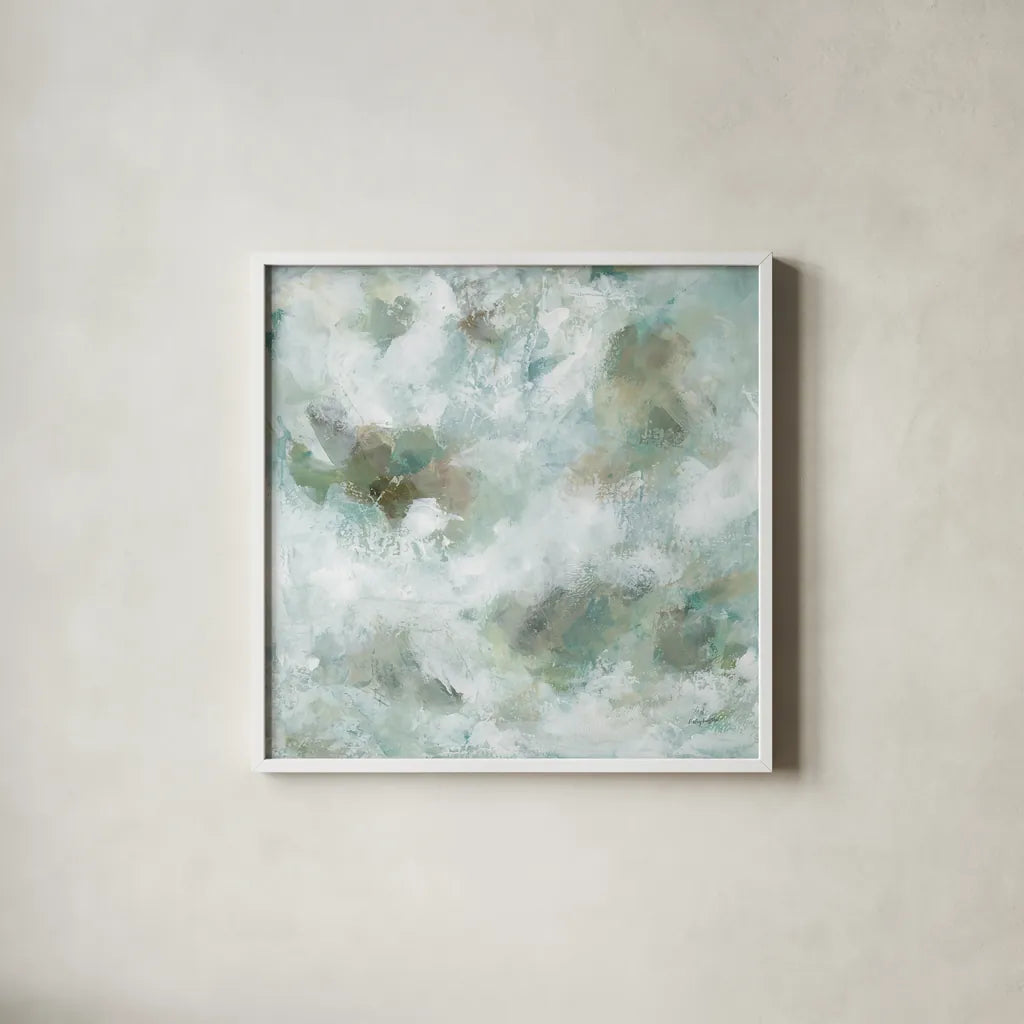 Seaglass by Haley Knighten. Shown in a crisp white glass frame for a clean and minimalist style. Available as an archival giclee rolled canvas, fine art paper, or poster print. SKU 95251a.