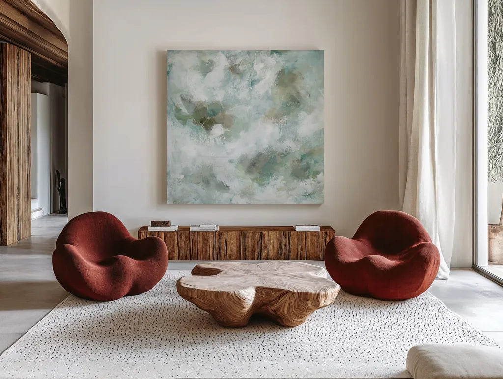 Seaglass by Haley Knighten. Shown as extra-large giant wall art in a modern living room. Available as an archival giclee rolled canvas, fine art paper, or poster print. SKU 95251a.