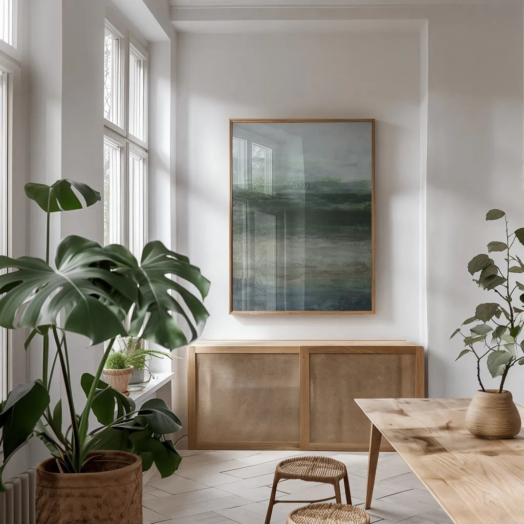 Slow Motion by Haley Knighten. shown as a print in a natural wood frame in a dining room. Available as a archival giclee rolled canvas, fine art paper, or poster print. SKU 90539h.