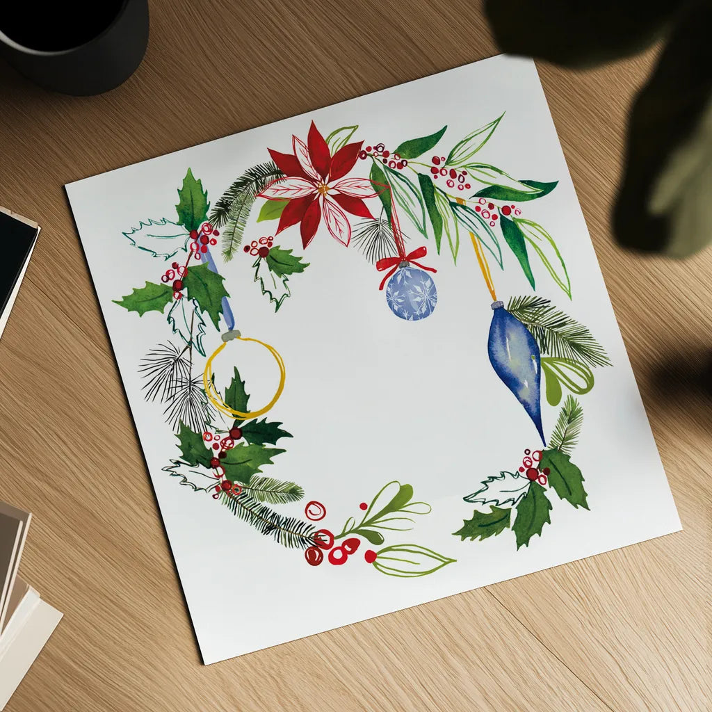 Christmas Wreath V by Harriet Sussman. Shown as a detailed flat fine art print, highlighting archival giclee quality. Available as an archival giclee rolled canvas, fine art paper, or poster print. SKU 57221a.