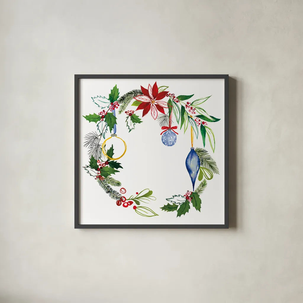 Christmas Wreath V by Harriet Sussman. Shown in a sleek black glass frame for a contemporary gallery look. Available as an archival giclee rolled canvas, fine art paper, or poster print. SKU 57221a.
