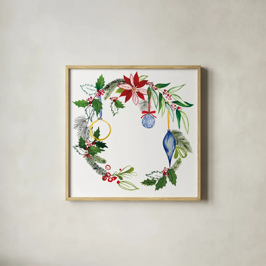 Christmas Wreath V by Harriet Sussman. Shown in a natural wood glass frame for a timeless modern aesthetic. Available as an archival giclee rolled canvas, fine art paper, or poster print. SKU 57221a.