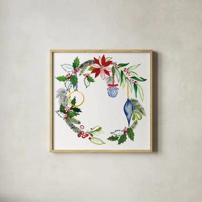 Christmas Wreath V by Harriet Sussman. Shown in a natural wood glass frame for a timeless modern aesthetic. Available as an archival giclee rolled canvas, fine art paper, or poster print. SKU 57221a.