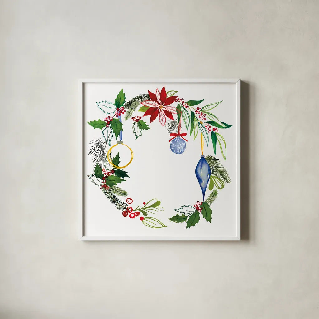 Christmas Wreath V by Harriet Sussman. Shown in a crisp white glass frame for a clean and minimalist style. Available as an archival giclee rolled canvas, fine art paper, or poster print. SKU 57221a.