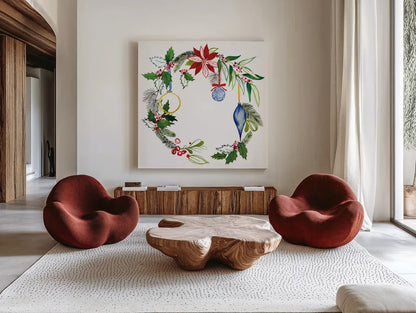 Christmas Wreath V by Harriet Sussman. Shown as extra-large giant wall art in a modern living room. Available as an archival giclee rolled canvas, fine art paper, or poster print. SKU 57221a.