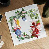 Christmas Wreath VI by Harriet Sussman. Shown as a detailed flat fine art print, highlighting archival giclee quality. Available as an archival giclee rolled canvas, fine art paper, or poster print. SKU 57222a.