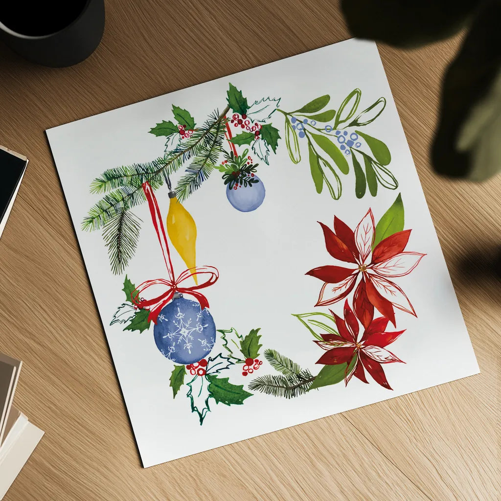 Christmas Wreath VI by Harriet Sussman. Shown as a detailed flat fine art print, highlighting archival giclee quality. Available as an archival giclee rolled canvas, fine art paper, or poster print. SKU 57222a.