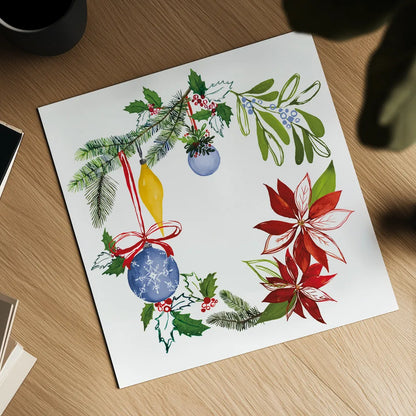 Christmas Wreath VI by Harriet Sussman. Shown as a detailed flat fine art print, highlighting archival giclee quality. Available as an archival giclee rolled canvas, fine art paper, or poster print. SKU 57222a.