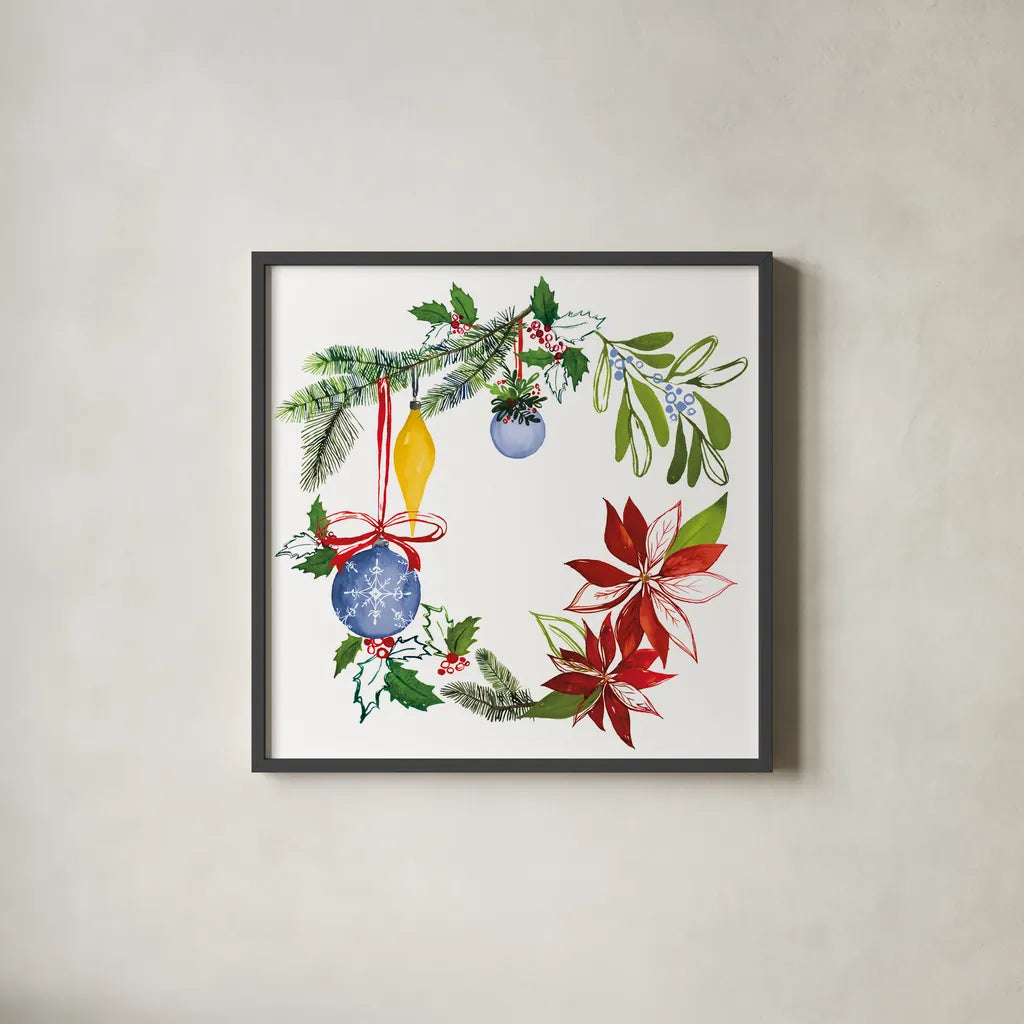 Christmas Wreath VI by Harriet Sussman. Shown in a sleek black glass frame for a contemporary gallery look. Available as an archival giclee rolled canvas, fine art paper, or poster print. SKU 57222a.