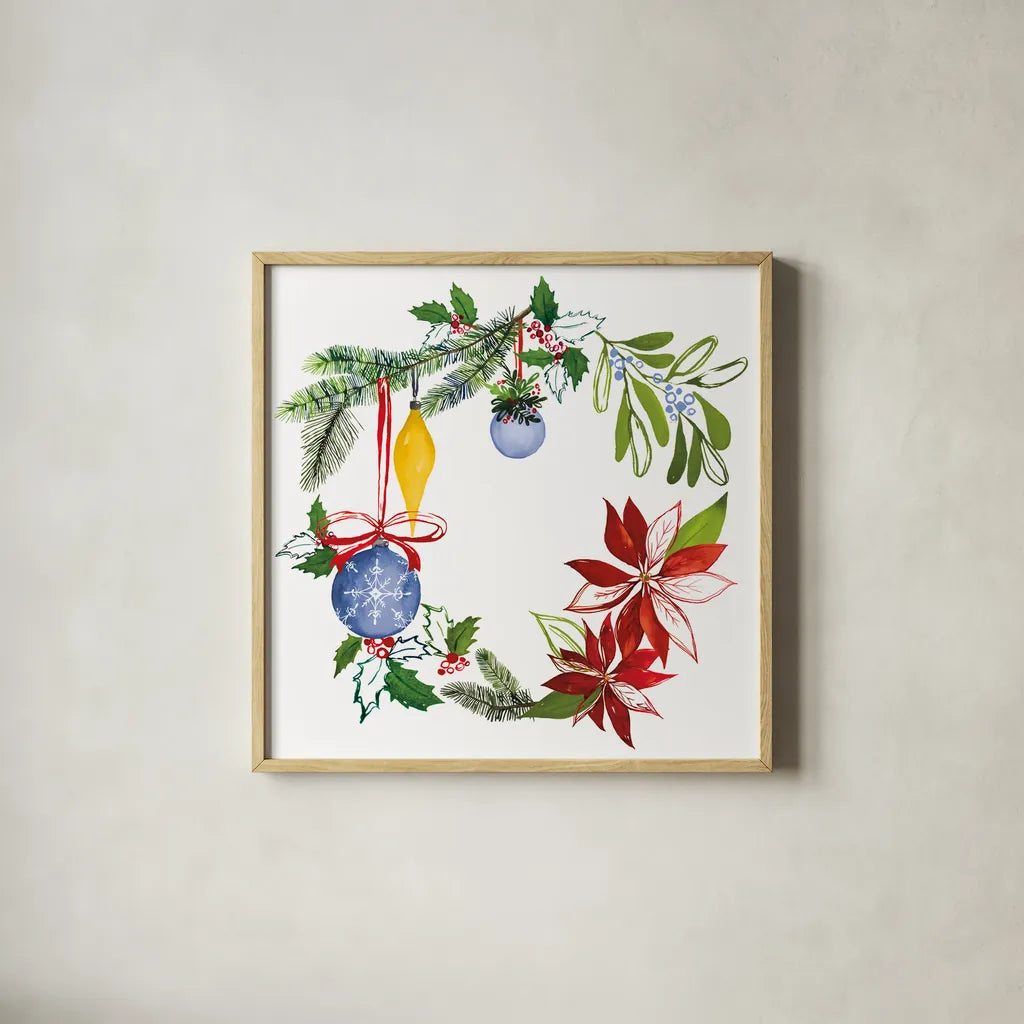 Christmas Wreath VI by Harriet Sussman. Shown in a natural wood glass frame for a timeless modern aesthetic. Available as an archival giclee rolled canvas, fine art paper, or poster print. SKU 57222a.
