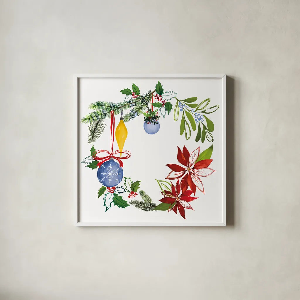 Christmas Wreath VI by Harriet Sussman. Shown in a crisp white glass frame for a clean and minimalist style. Available as an archival giclee rolled canvas, fine art paper, or poster print. SKU 57222a.