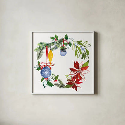 Christmas Wreath VI by Harriet Sussman. Shown in a crisp white glass frame for a clean and minimalist style. Available as an archival giclee rolled canvas, fine art paper, or poster print. SKU 57222a.