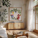 Christmas Wreath VI by Harriet Sussman. Shown in a natural wood frame in a cozy modern living room. Available as an archival giclee rolled canvas, fine art paper, or poster print. SKU 57222a.