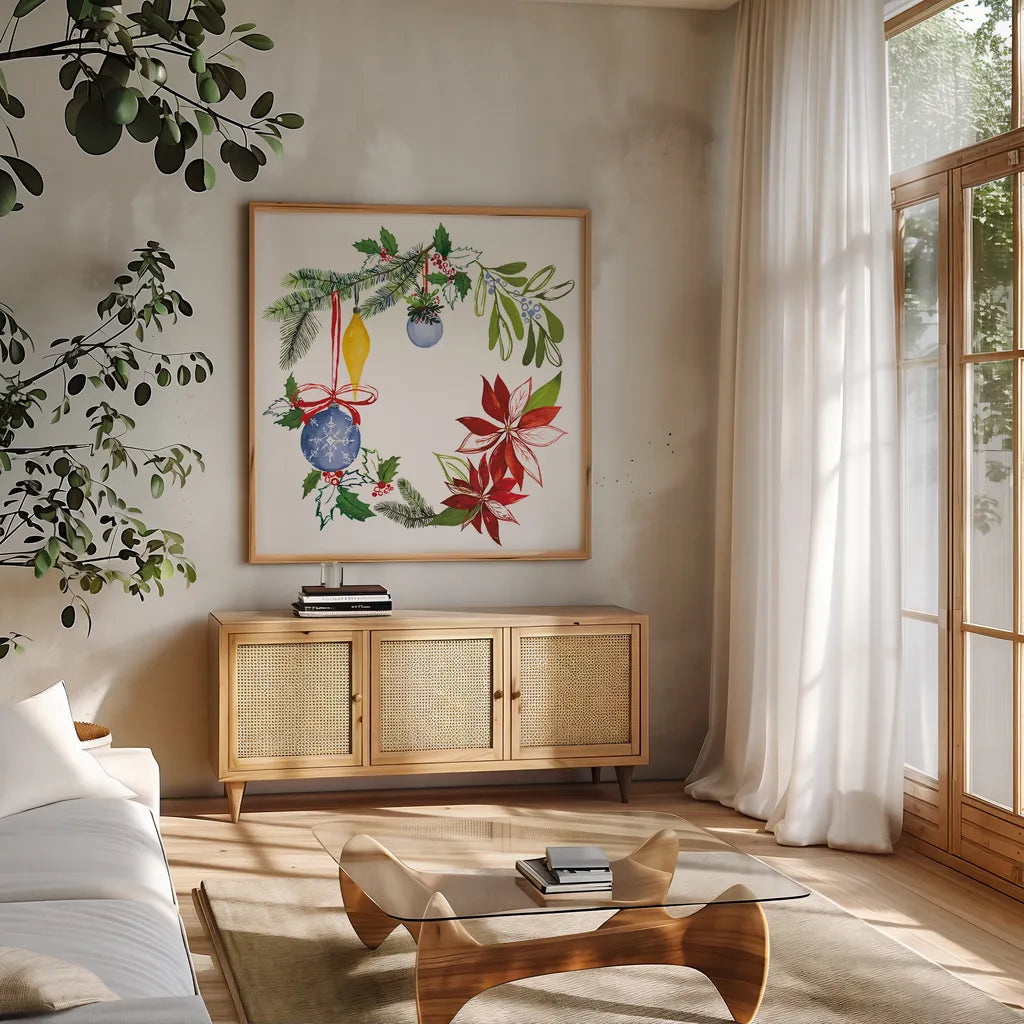 Christmas Wreath VI by Harriet Sussman. Shown in a natural wood frame in a cozy modern living room. Available as an archival giclee rolled canvas, fine art paper, or poster print. SKU 57222a.