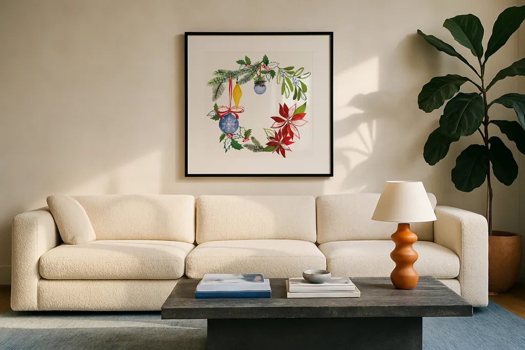 Christmas Wreath VI by Harriet Sussman. Displayed in a glass frame with matte in a clean modern living room. Available as an archival giclee rolled canvas, fine art paper, or poster print. SKU 57222a.