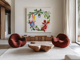 Christmas Wreath VI by Harriet Sussman. Shown as extra-large giant wall art in a modern living room. Available as an archival giclee rolled canvas, fine art paper, or poster print. SKU 57222a.