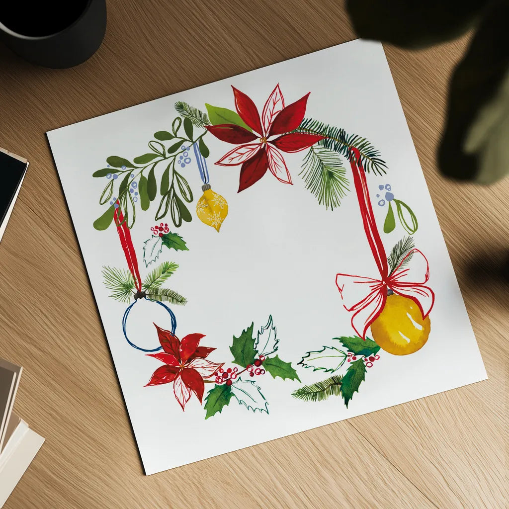 Christmas Wreath VII by Harriet Sussman. Shown as a detailed flat fine art print, highlighting archival giclee quality. Available as an archival giclee rolled canvas, fine art paper, or poster print. SKU 57223a.