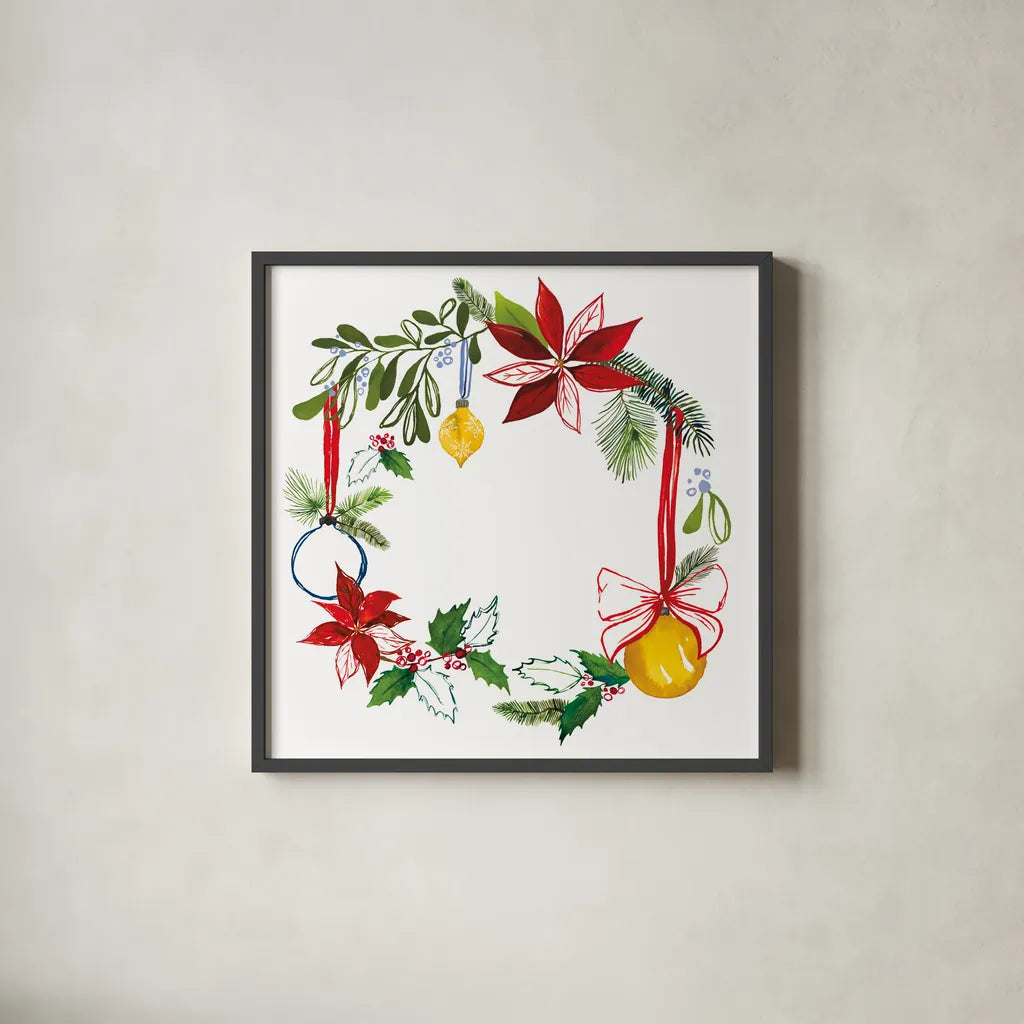 Christmas Wreath VII by Harriet Sussman. Shown in a sleek black glass frame for a contemporary gallery look. Available as an archival giclee rolled canvas, fine art paper, or poster print. SKU 57223a.