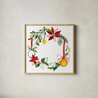 Christmas Wreath VII by Harriet Sussman. Shown in a natural wood glass frame for a timeless modern aesthetic. Available as an archival giclee rolled canvas, fine art paper, or poster print. SKU 57223a.