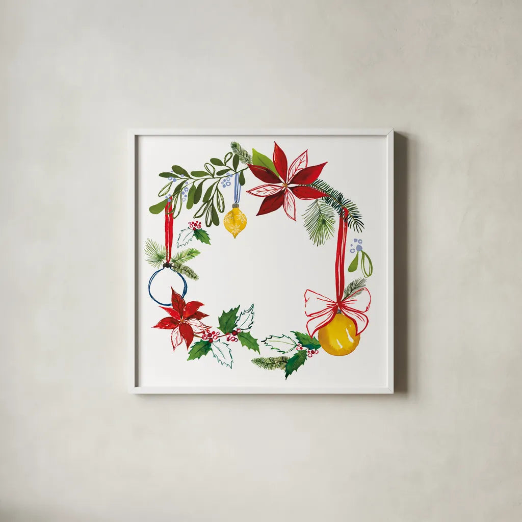 Christmas Wreath VII by Harriet Sussman. Shown in a crisp white glass frame for a clean and minimalist style. Available as an archival giclee rolled canvas, fine art paper, or poster print. SKU 57223a.