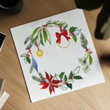 Christmas Wreath VIII by Harriet Sussman. Shown as a detailed flat fine art print, highlighting archival giclee quality. Available as an archival giclee rolled canvas, fine art paper, or poster print. SKU 57224a.