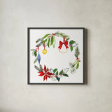 Christmas Wreath VIII by Harriet Sussman. Shown in a sleek black glass frame for a contemporary gallery look. Available as an archival giclee rolled canvas, fine art paper, or poster print. SKU 57224a.