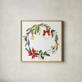 Christmas Wreath VIII by Harriet Sussman. Shown in a natural wood glass frame for a timeless modern aesthetic. Available as an archival giclee rolled canvas, fine art paper, or poster print. SKU 57224a.