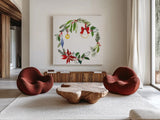 Christmas Wreath VIII by Harriet Sussman. Shown as extra-large giant wall art in a modern living room. Available as an archival giclee rolled canvas, fine art paper, or poster print. SKU 57224a.