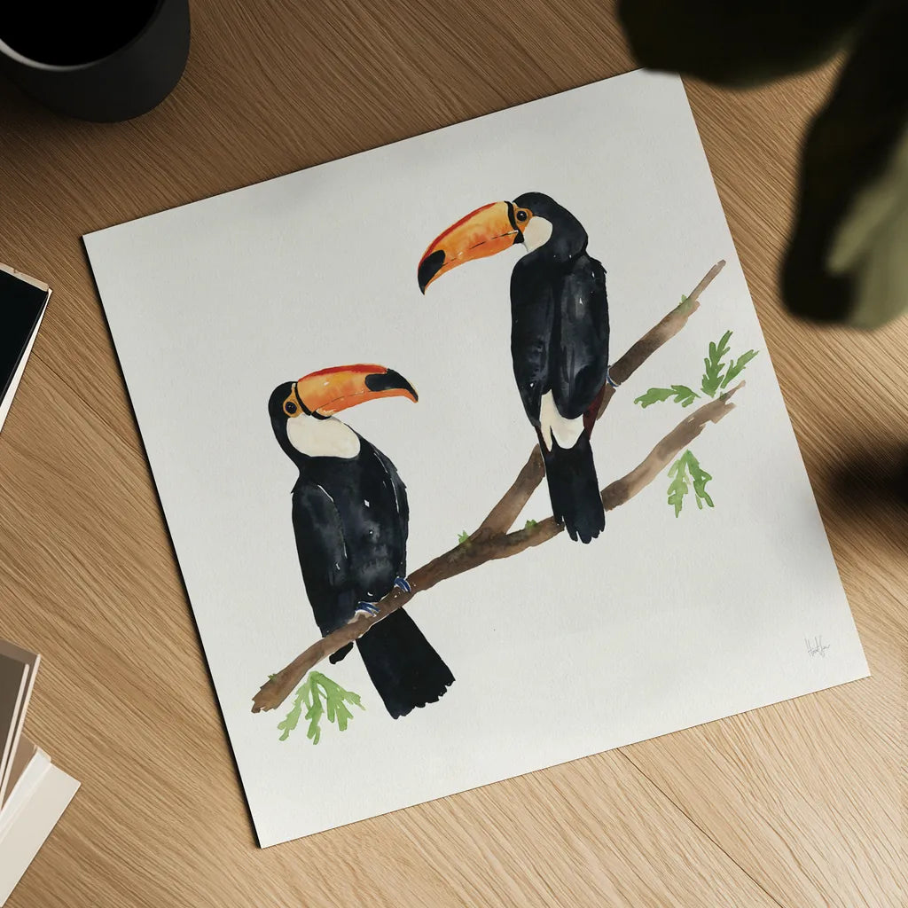 Tropical Fun Bird I by Harriet Sussman. Shown as a detailed flat fine art print, highlighting archival giclee quality. Available as an archival giclee rolled canvas, fine art paper, or poster print. SKU 27951a.