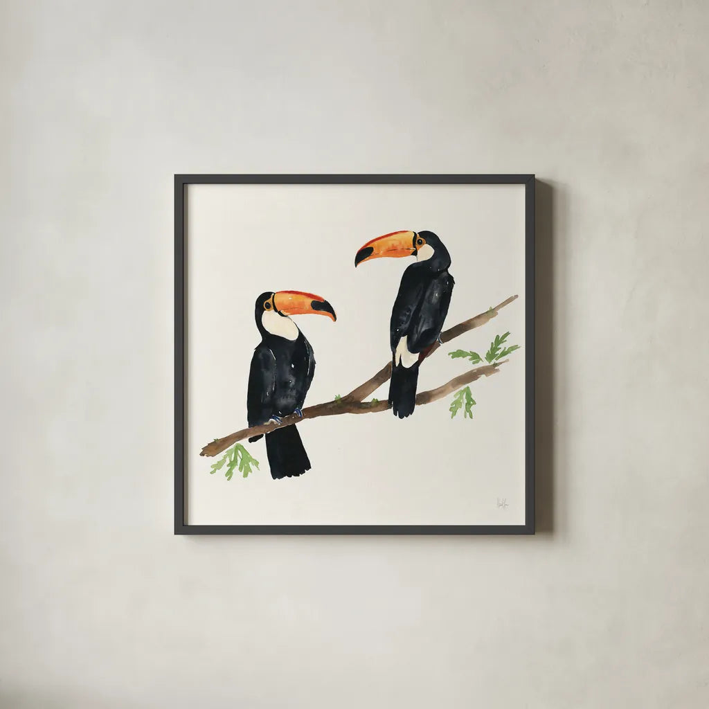 Tropical Fun Bird I by Harriet Sussman. Shown in a sleek black glass frame for a contemporary gallery look. Available as an archival giclee rolled canvas, fine art paper, or poster print. SKU 27951a.