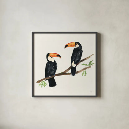Tropical Fun Bird I by Harriet Sussman. Shown in a sleek black glass frame for a contemporary gallery look. Available as an archival giclee rolled canvas, fine art paper, or poster print. SKU 27951a.