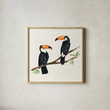Tropical Fun Bird I by Harriet Sussman. Shown in a natural wood glass frame for a timeless modern aesthetic. Available as an archival giclee rolled canvas, fine art paper, or poster print. SKU 27951a.