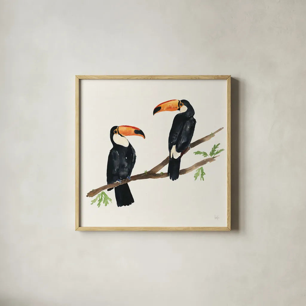 Tropical Fun Bird I by Harriet Sussman. Shown in a natural wood glass frame for a timeless modern aesthetic. Available as an archival giclee rolled canvas, fine art paper, or poster print. SKU 27951a.