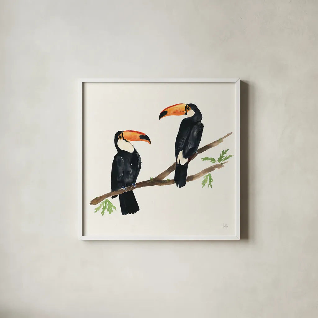 Tropical Fun Bird I by Harriet Sussman. Shown in a crisp white glass frame for a clean and minimalist style. Available as an archival giclee rolled canvas, fine art paper, or poster print. SKU 27951a.