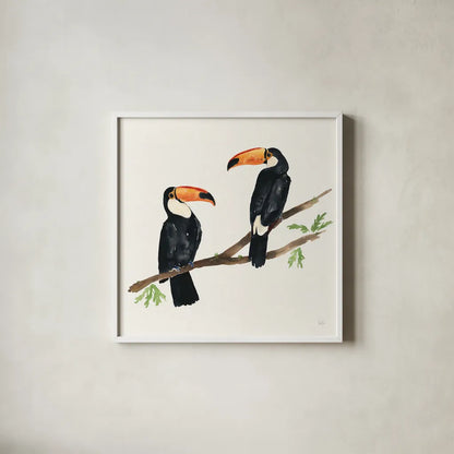 Tropical Fun Bird I by Harriet Sussman. Shown in a crisp white glass frame for a clean and minimalist style. Available as an archival giclee rolled canvas, fine art paper, or poster print. SKU 27951a.