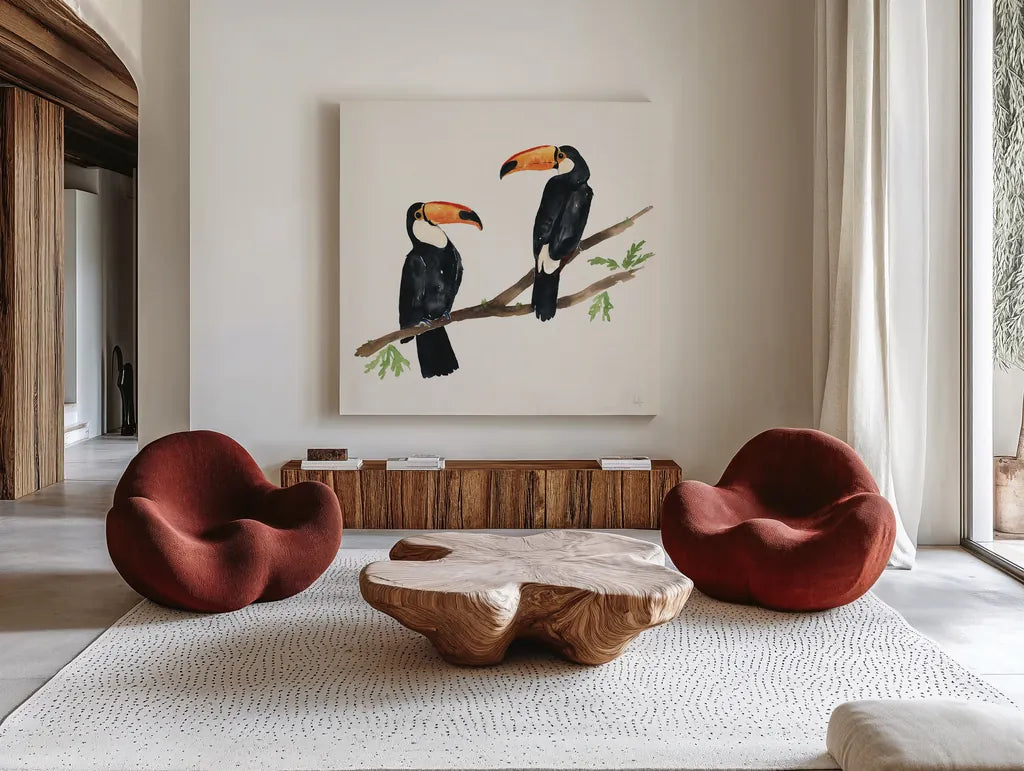 Tropical Fun Bird I by Harriet Sussman. Shown as extra-large giant wall art in a modern living room. Available as an archival giclee rolled canvas, fine art paper, or poster print. SKU 27951a.