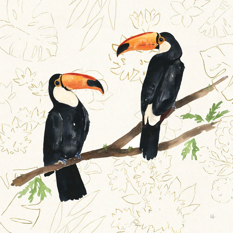 Tropical Fun Bird I Flower Background by Harriet Sussman. SKU 55333a. Archival Giclee Fine art print for wall decor.