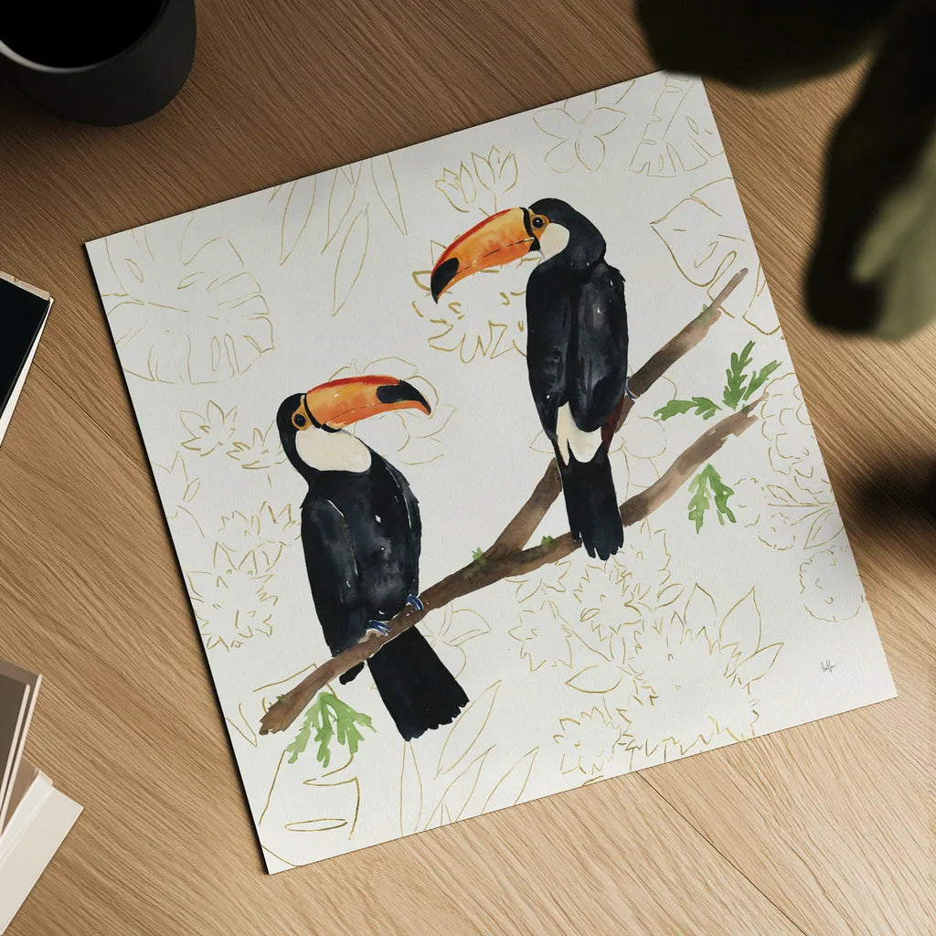 Tropical Fun Bird I Flower Background by Harriet Sussman. Shown as a detailed flat fine art print, highlighting archival giclee quality. Available as an archival giclee rolled canvas, fine art paper, or poster print. SKU 55333a.