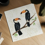Tropical Fun Bird I Flower Background by Harriet Sussman. Shown as a detailed flat fine art print, highlighting archival giclee quality. Available as an archival giclee rolled canvas, fine art paper, or poster print. SKU 55333a.