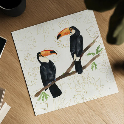 Tropical Fun Bird I Flower Background by Harriet Sussman. Shown as a detailed flat fine art print, highlighting archival giclee quality. Available as an archival giclee rolled canvas, fine art paper, or poster print. SKU 55333a.